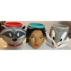 3 Vintage 1990s Disney Pocahontas, Raccoon & Bugs Bunny Face Cups By Applause